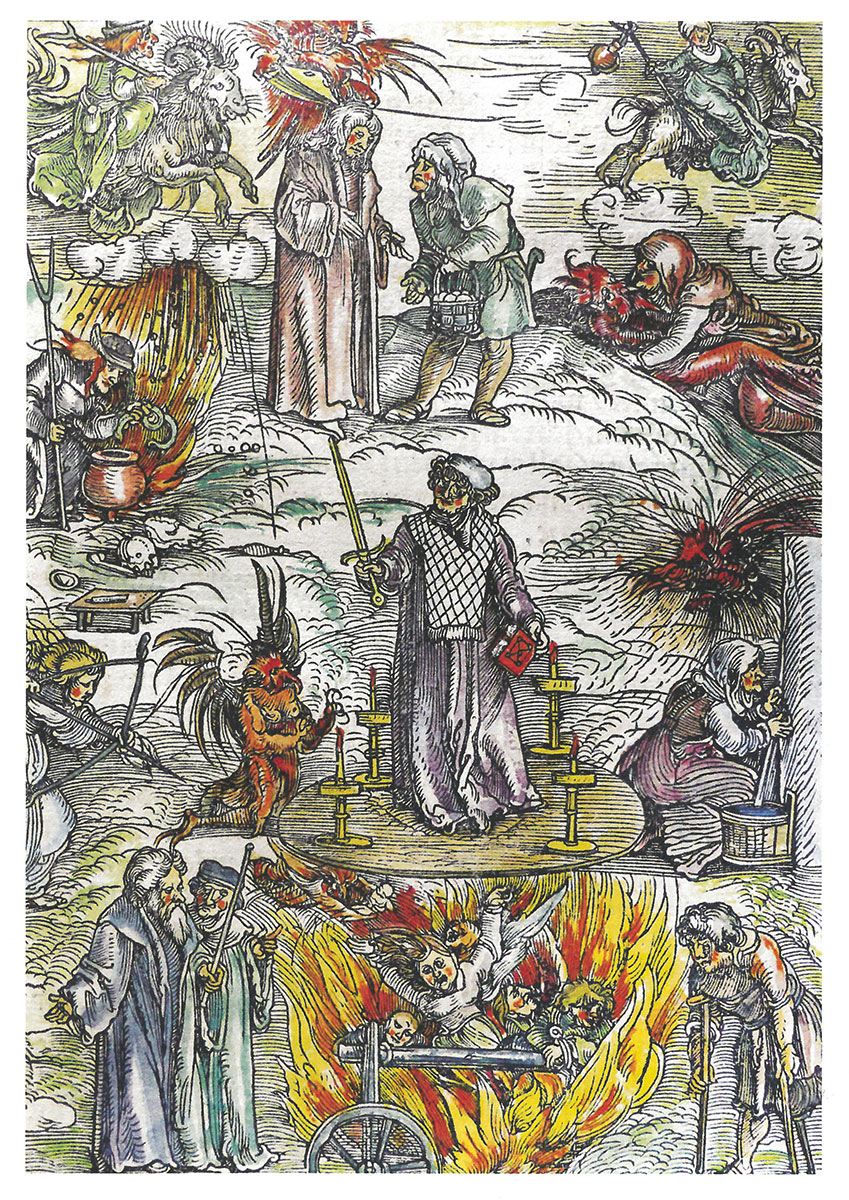 Hans Schäufelin (zugeschrieben), Hexeneigenschaften, 1511, Kolorierter Holzschnitt aus: Ulrich Tengler, Der neü Layenspiegel, 1511